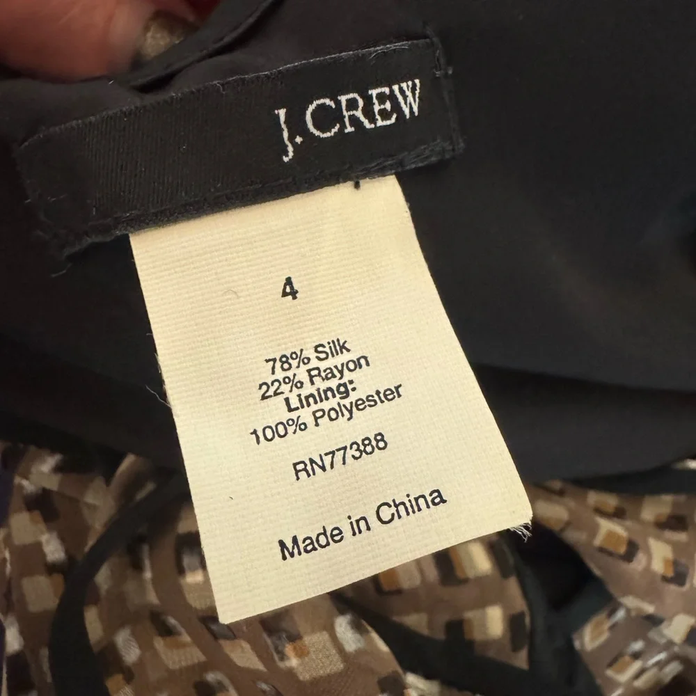 J. CREW Silk Blend Black & Tan Checked Midi Dress w/ Black Trim Size 4